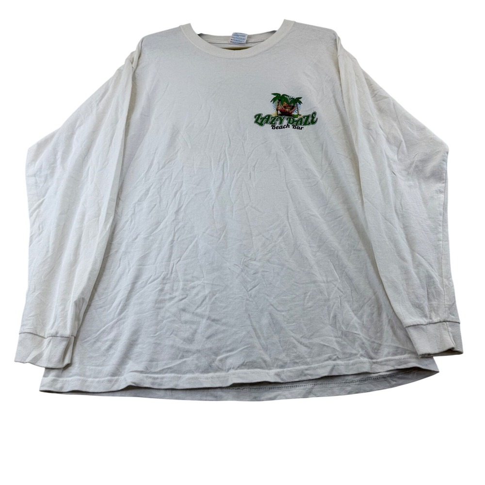 Yazbek T-Shirt Mens L White Lazy Daze Beach Bar Long Sleeve Graphic Heavyweight
